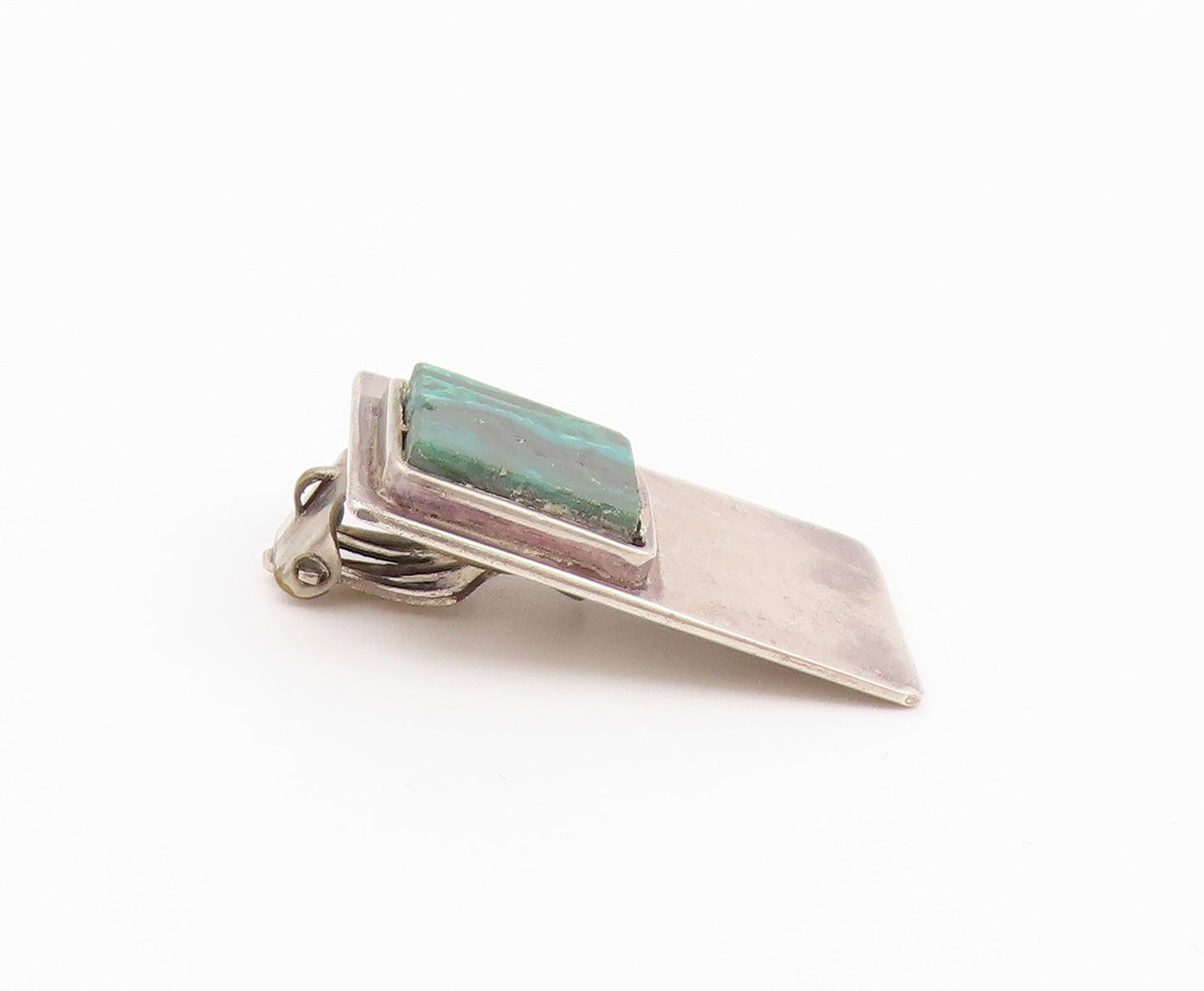 925 Sterling Silver Vintage Earrings Classic Malachite Geometric Clip On EG14436