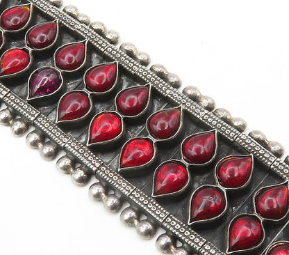 925 Sterling Silver  Vintage Garnet Floral Detail Hinge Chain Bracelet  BT5976
