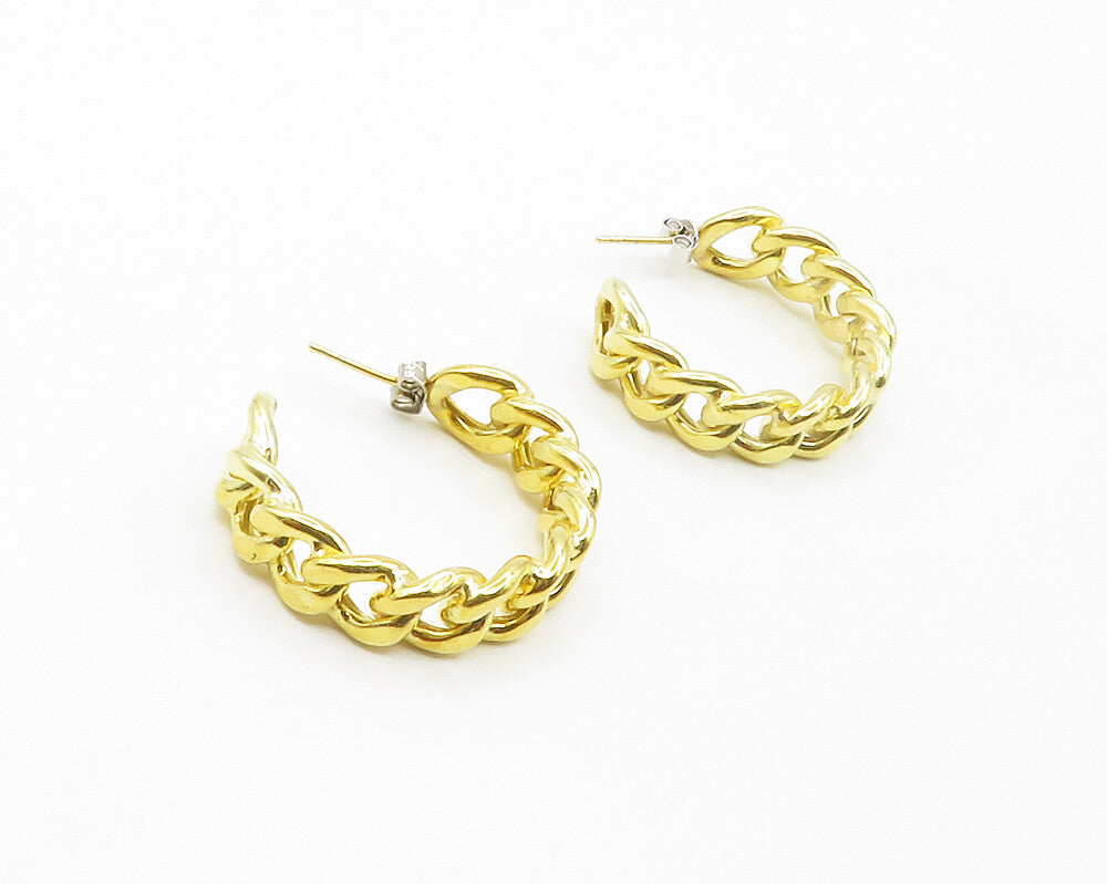 925 Sterling Silver  Shiny Gold Plated Chain Link JHoop Earrings  EG7437
