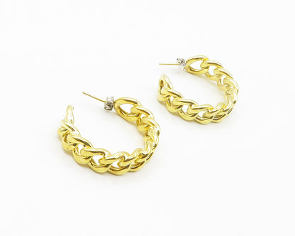 925 Sterling Silver  Shiny Gold Plated Chain Link JHoop Earrings  EG7437