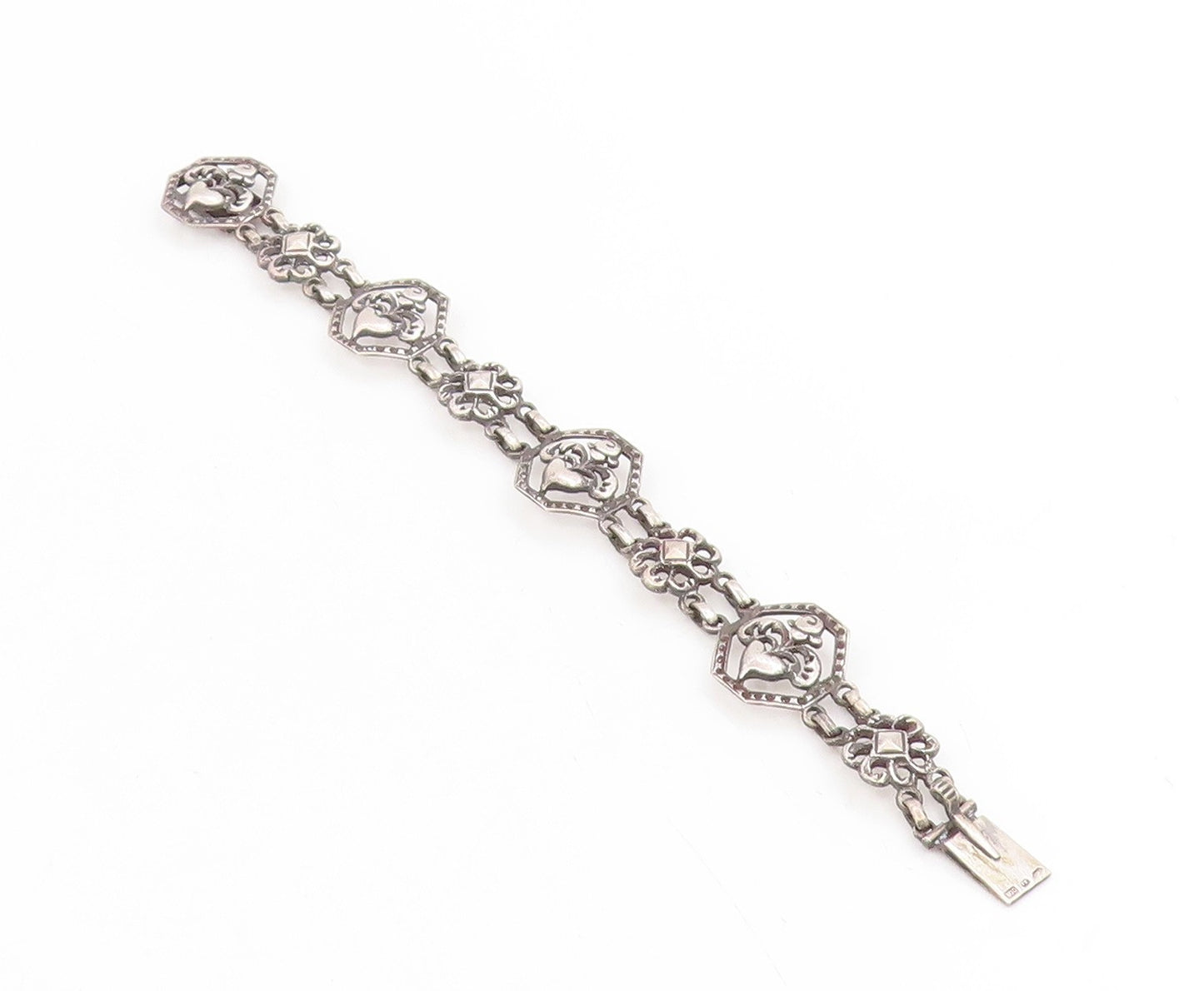 925 Sterling Silver Vintage Bracelet EUROPE Openwork Floral Love Heart  BT11736