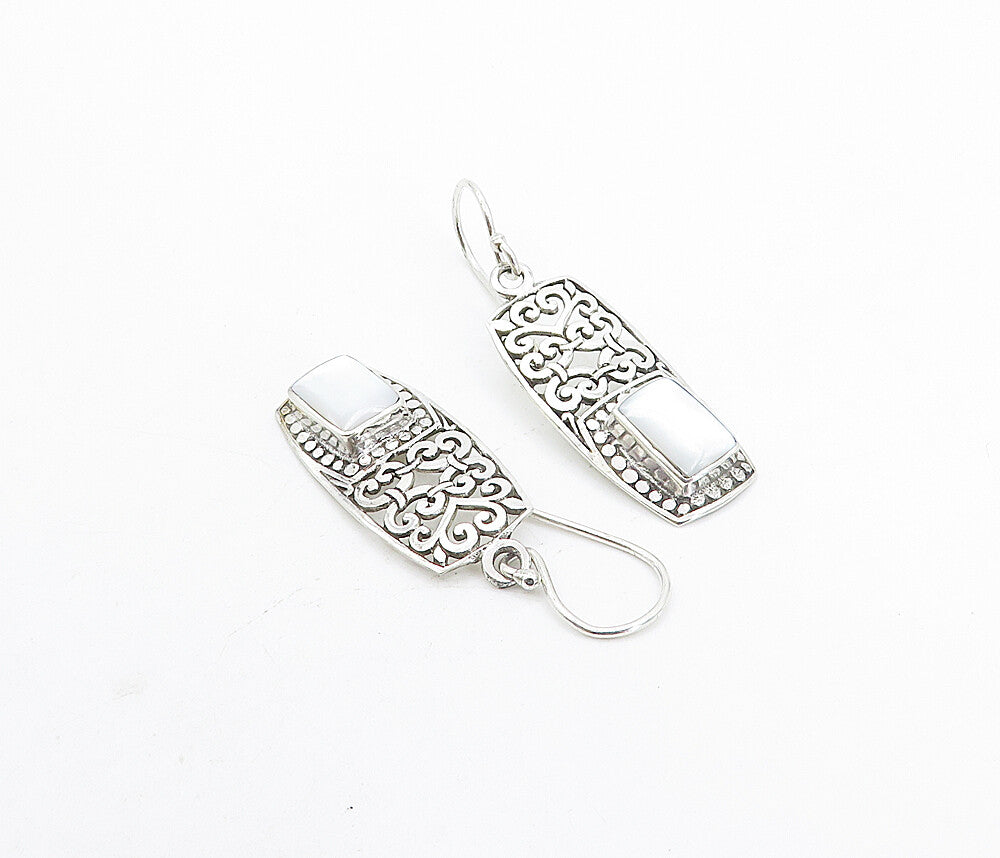925 Sterling Silver  Mother Of Pearl Swirl Cutout Square Drop Earrings  EG3406