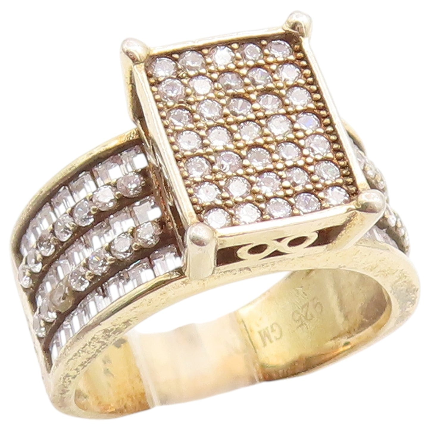 925 Sterling Silver Vintage Ring Gold Plated CZ Statement Band  Sz 9  RG36764