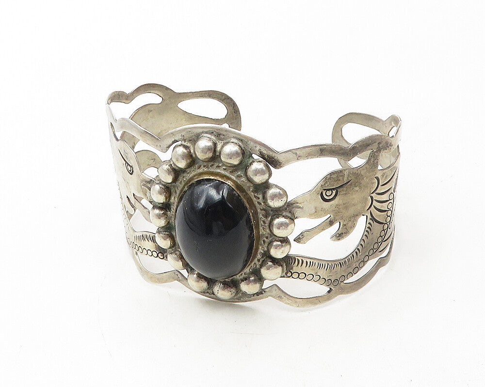 MEXICO 925 Sterling Silver  Vintage Black Onyx Dragons Cuff Bracelet  BT4459