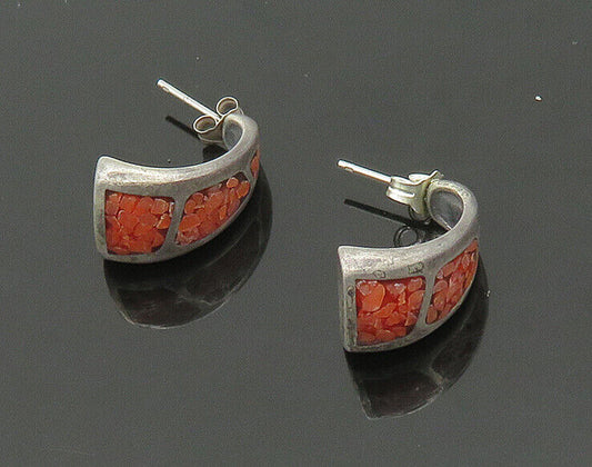 ZUNI NAVAJO 925 Sterling Silver  Vintage Coral Curve Drop Earrings  EG10785