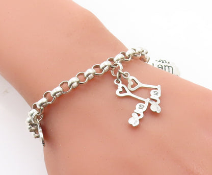 925 Sterling Silver  Assorted Stamped Charms Round Link Chain Bracelet  BT2173