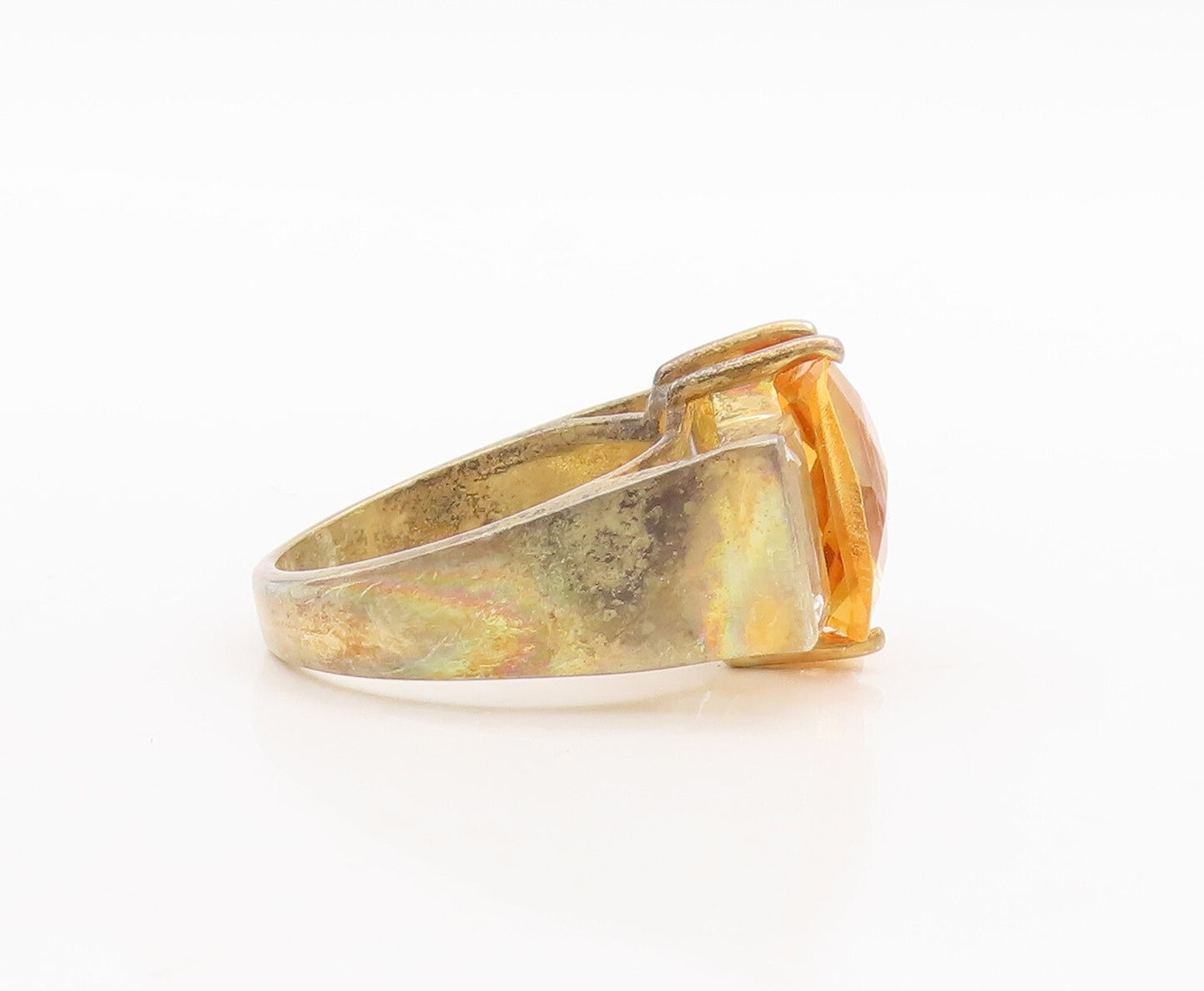 925 Sterling Silver Vintage Ring Gold Plated Rectangle Citrine CZ  Sz 7  RG29475