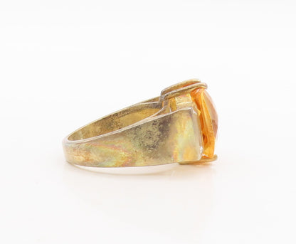 925 Sterling Silver Vintage Ring Gold Plated Rectangle Citrine CZ  Sz 7  RG29475