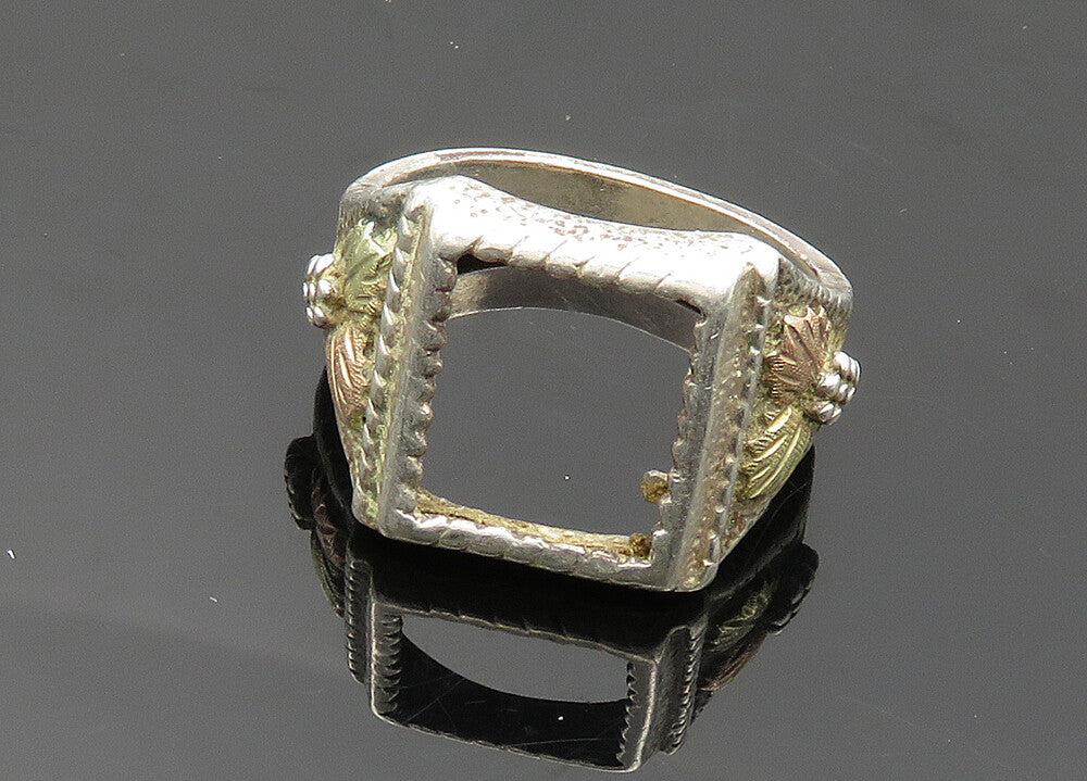 925 Silver & 12K GOLD  Vintage Antique Floral Leaves Band Ring Sz 9  RG20025