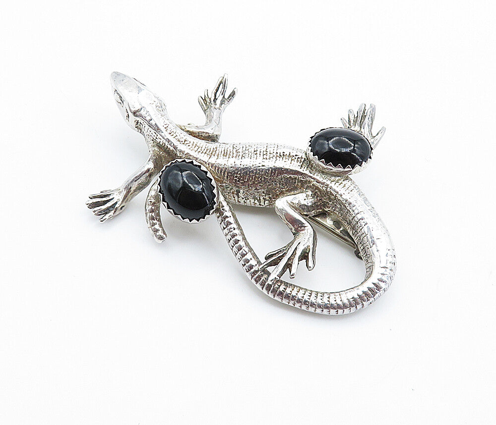 SOUTHWESTERN 925 Sterling Silver Vintage Black Onyx Lizard Brooch Pin BP2811