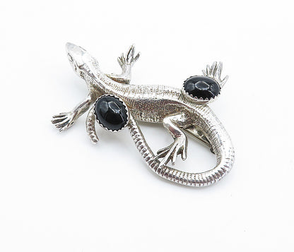 SOUTHWESTERN 925 Sterling Silver Vintage Black Onyx Lizard Brooch Pin BP2811