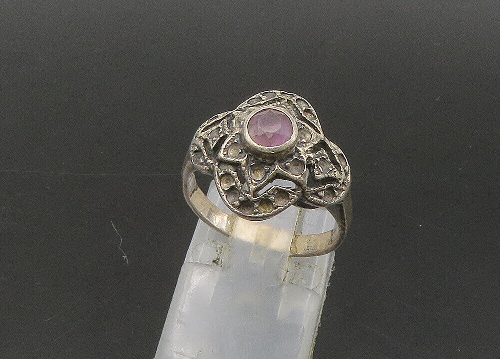 925 Sterling Silver  Vintage Amethyst Flower Dome Band Ring Sz 6  RG22065