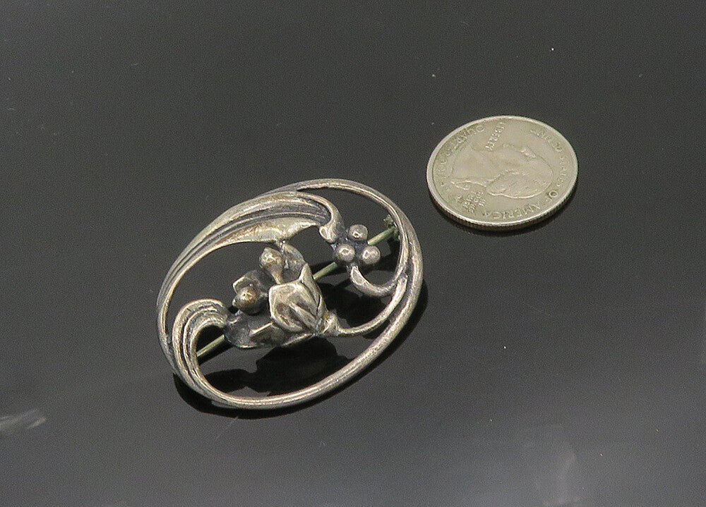 925 Sterling Silver  Vintage Antique Floral Swirl Oval Brooch Pin  BP7986