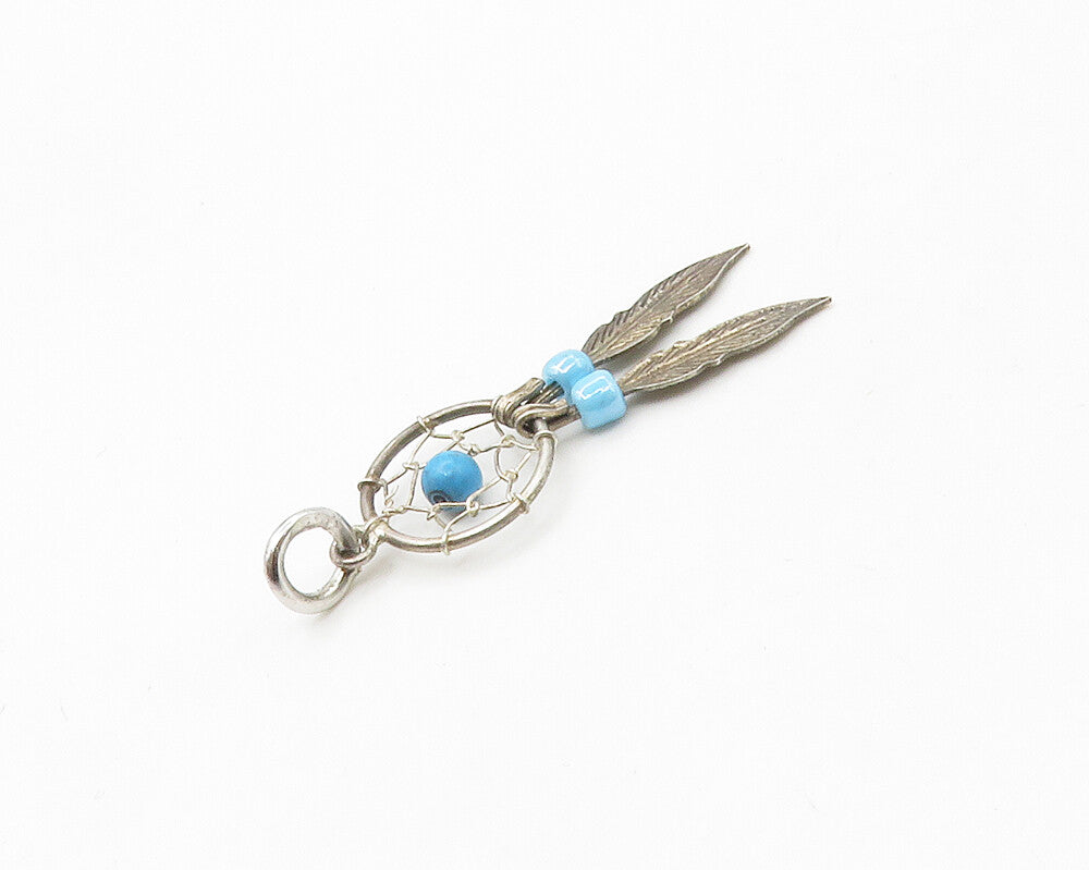 925 Sterling Silver  Vintage Petite Turquoise Dream Catcher Pendant  PT13545