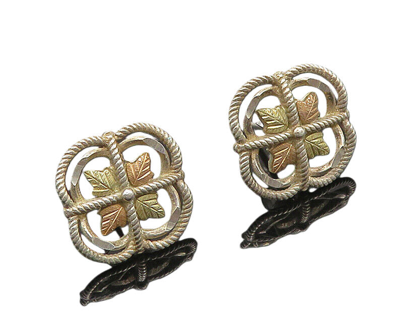 925 Silver & 12K GOLD  Vintage Two Tone Floral Leaf Drop Earrings  EG10388