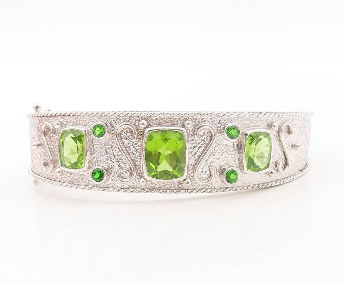 925 Sterling Silver Vintage Bracelet Solid Carved Rectangle Peridot  BT10721
