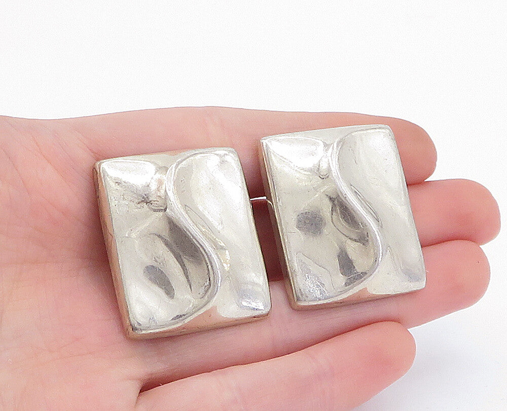 925 Sterling Silver  Vintage Shiny Square Swirl Non Pierce Earrings  EG2061