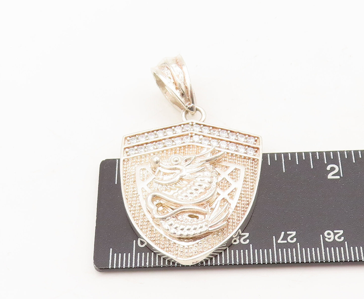 925 Sterling Silver Vintage Pendant Dragon Carved Shield Beaded Topaz  PT22622