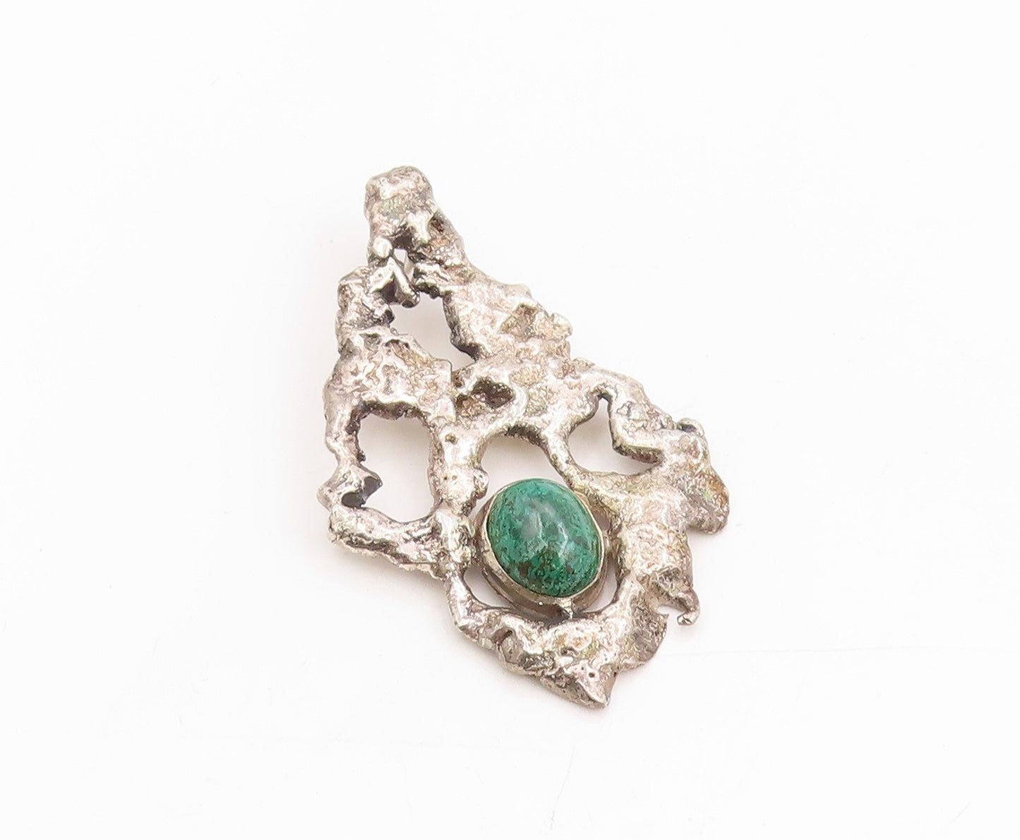 925 Sterling Silver Vintage Pendant Cabochon Malachite Brutalist Locket  PT25447