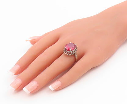 925 Sterling Silver Vintage Ring Oval Cut Ruby Floral Cutout Band  Sz 8  RG35677
