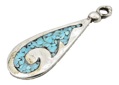 SOUTHWESTERN 925 Silver Vintage Inlaid Crushed Turquoise Pendant PT12576