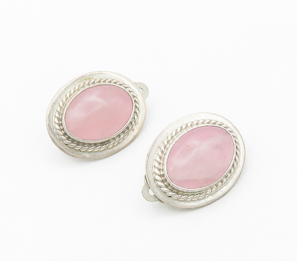 AIS MEXICO 925 Silver  Vintage Cabochon Rose Quartz Non Pierce Earrings EG8689