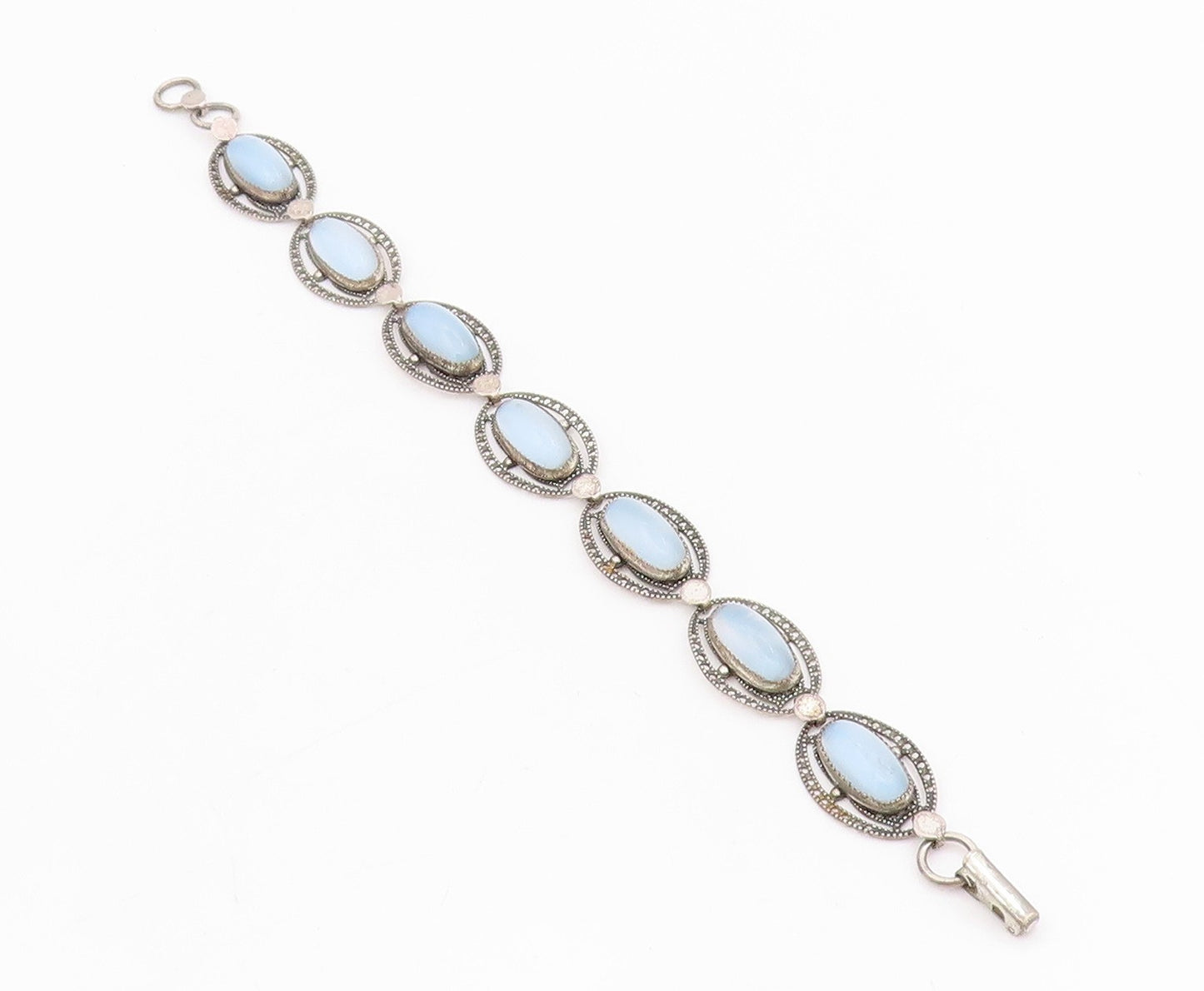 925 Sterling Silver Vintage Bracelet BEAU Antique Cabochon Cat Eye Link  BT11515