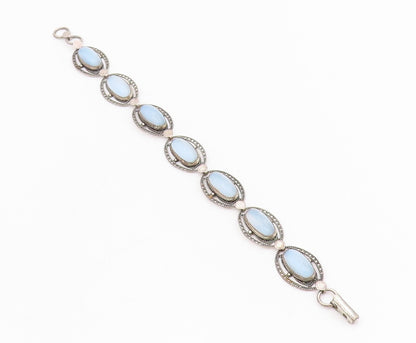 925 Sterling Silver Vintage Bracelet BEAU Antique Cabochon Cat Eye Link  BT11515