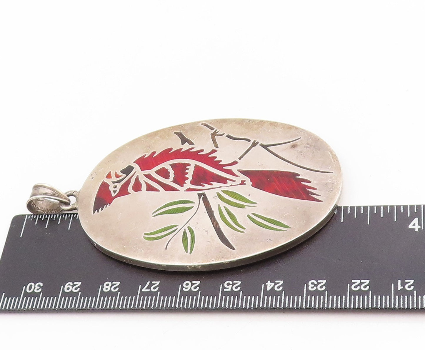 925 Sterling Silver Vintage Pendant Enameled Cardinal Bird On Branch  PT25430