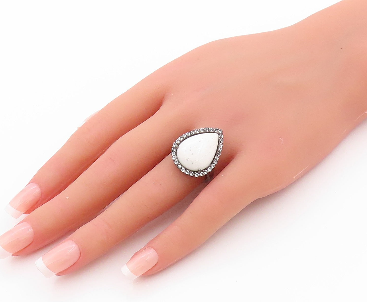 925 Sterling Silver Vintage Ring Drop Shape Gemstone Halo CZ  Sz 7.5  RG32342