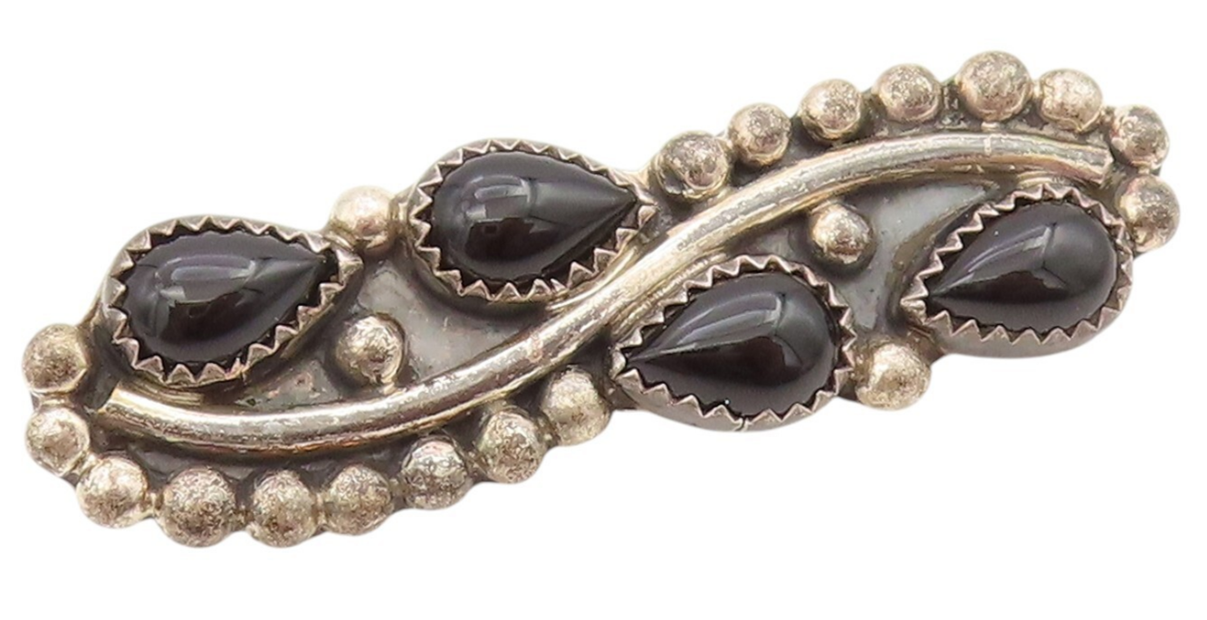 925 Sterling Silver Vintage Brooch Pin BENALLY NAVAJO Drop Shape Onyx  BP11460