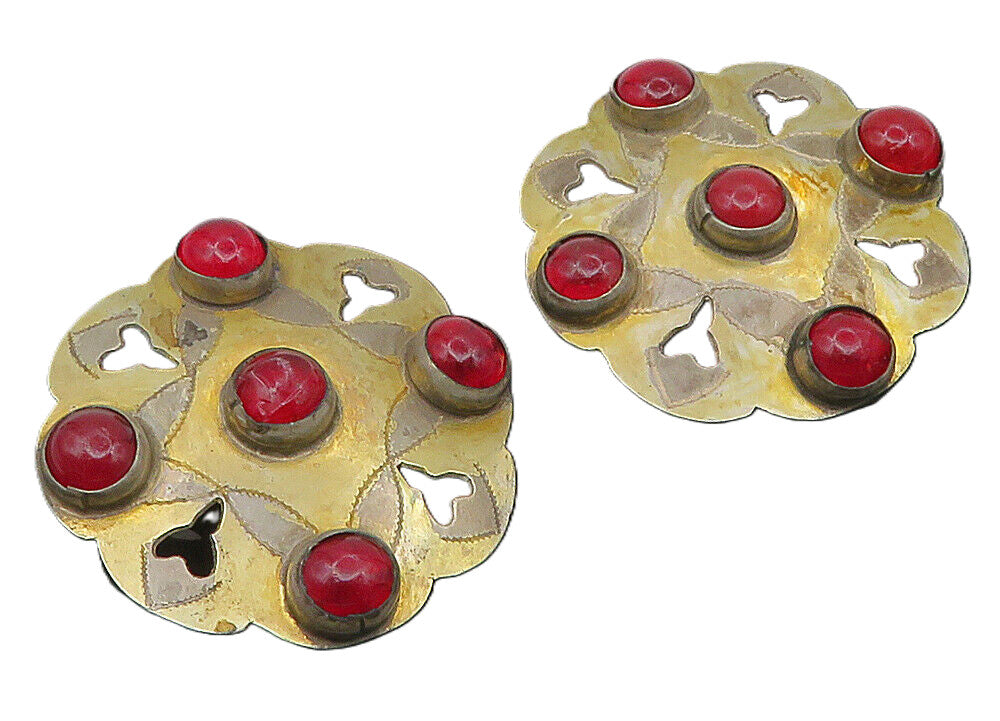 925 Sterling Silver  Vintage Cabochon Red Topaz Cutout Drop Earrings  EG5540