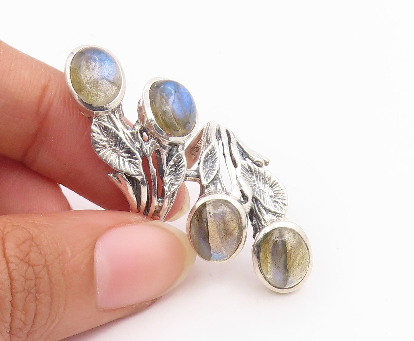 925 Sterling Silver Vintage Ring Labradorite Floral Leaf Bypass  Sz 8  RG34883