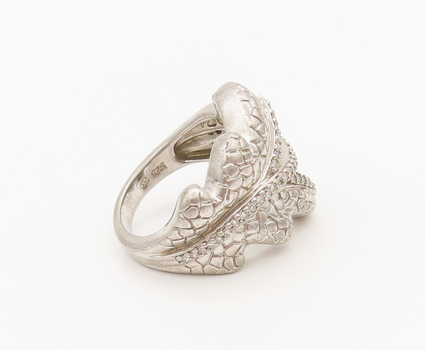 925 Sterling Silver  Vintage Genuine Diamonds Carved Leaf Ring Sz 6  RG27175