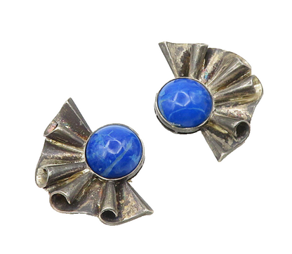 925 Sterling Silver  Vintage Lapis Lazuli Fan Non Pierce Earrings  EG9387