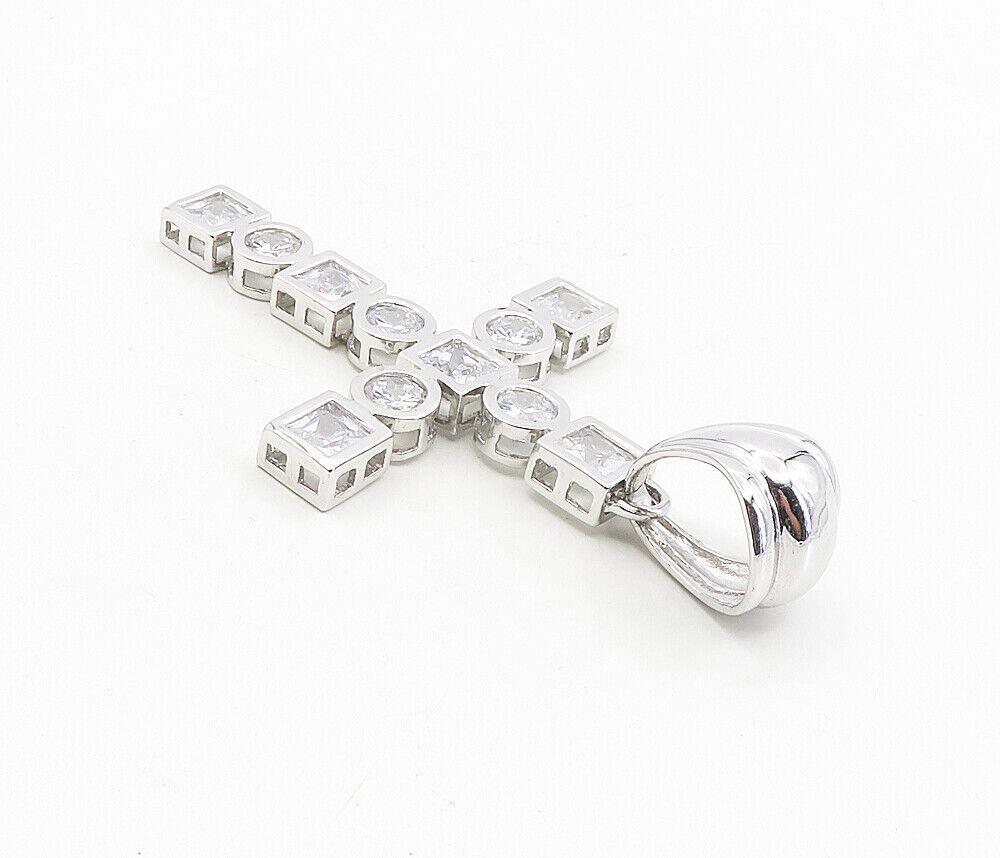 925 Sterling Silver  Shiny Cubic Zirconia Religious Cross Pendant  PT6482