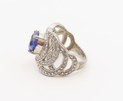 925 Sterling Silver Vintage Ring Tanzanite & CZ Double Loop Band Sz 9.5 RG36890