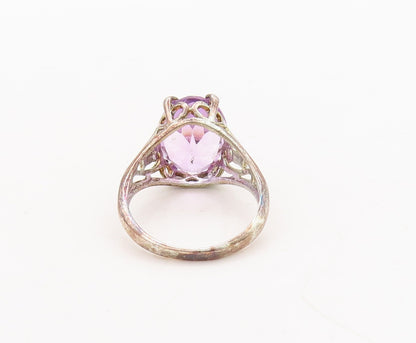 925 Sterling Silver Vintage Ring Heart Cutout Oval Amethyst  Sz 6.5  RG29673