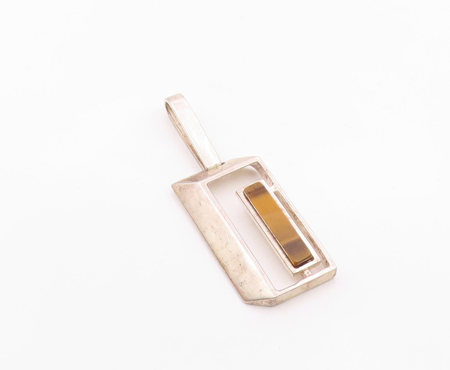 925 Sterling Silver  Vintage Open 3D Rectangle & Tiger's Eye Pendant  PT21816
