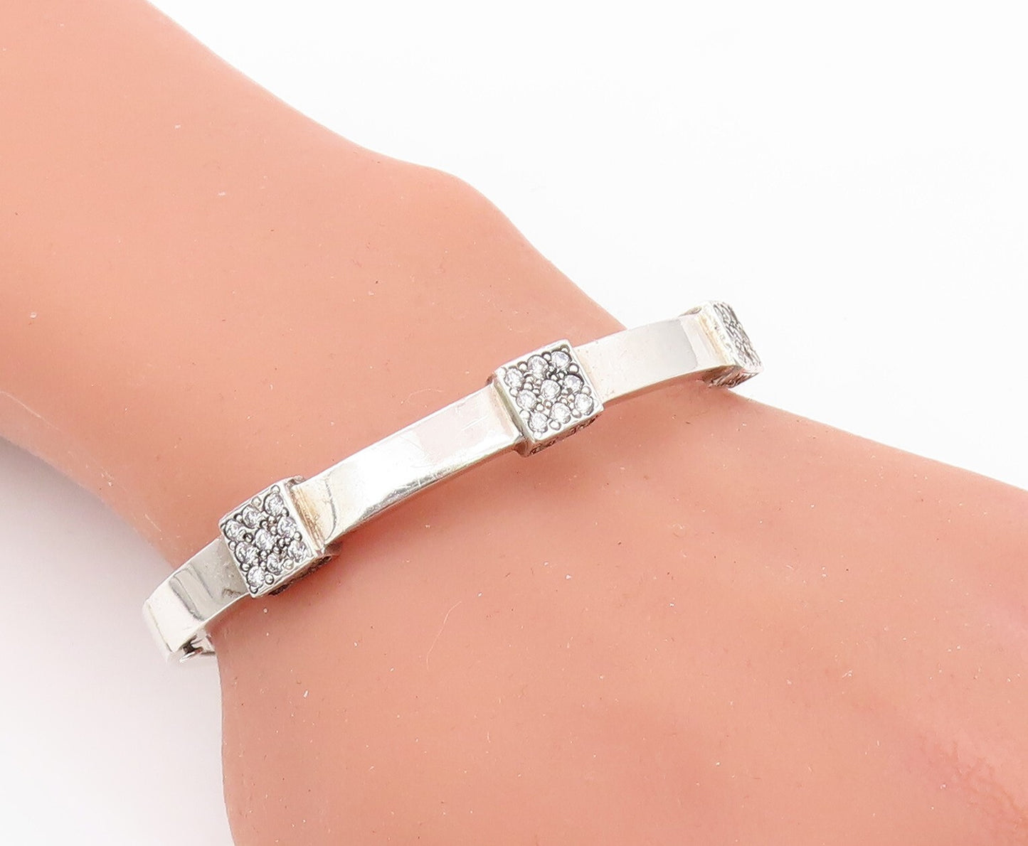 925 Sterling Silver Vintage Bracelet Hinged Bangle Topaz Square Inlay  BT10812