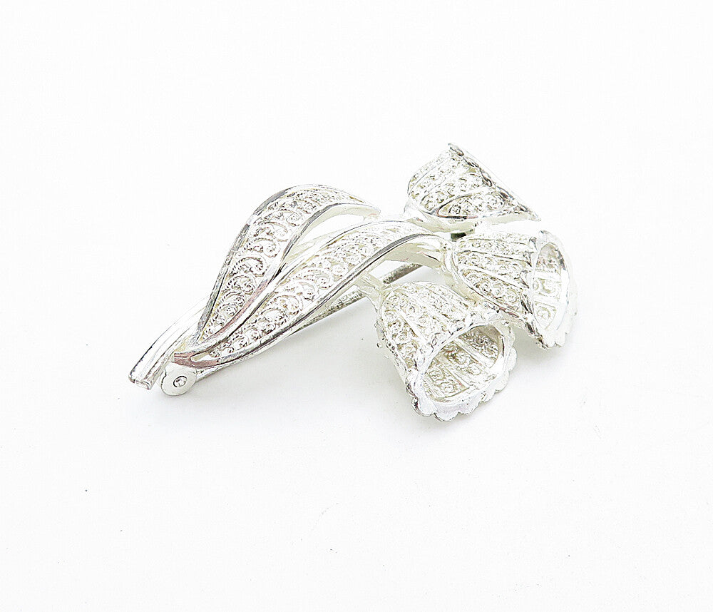 GERMANY 925 Sterling Silver  Vintage Shiny Filigree Flowers Brooch Pin  BP1840