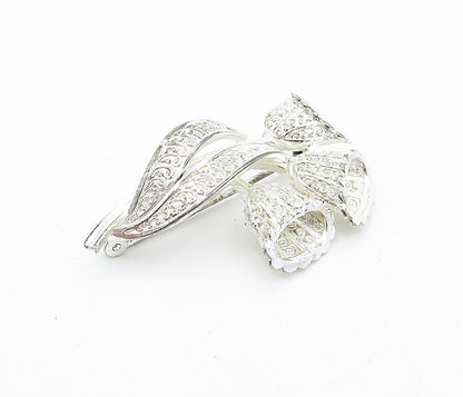 GERMANY 925 Sterling Silver  Vintage Shiny Filigree Flowers Brooch Pin  BP1840