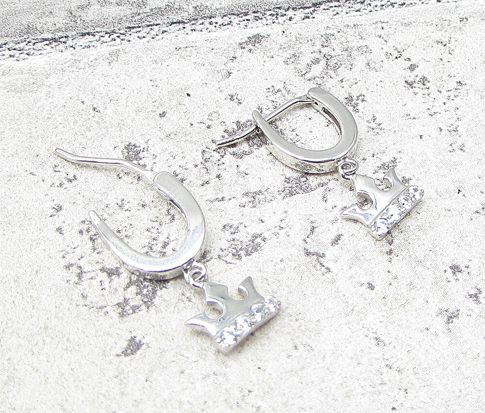 925 Sterling Silver  White Cubic Zirconia Royal Crown Huggie Earrings  EG1080