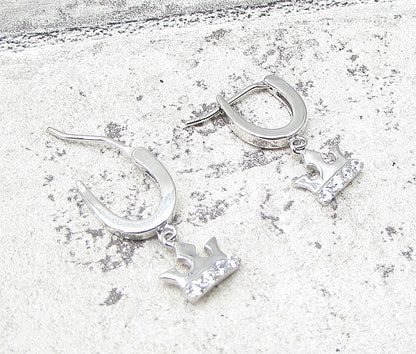 925 Sterling Silver  White Cubic Zirconia Royal Crown Huggie Earrings  EG1080