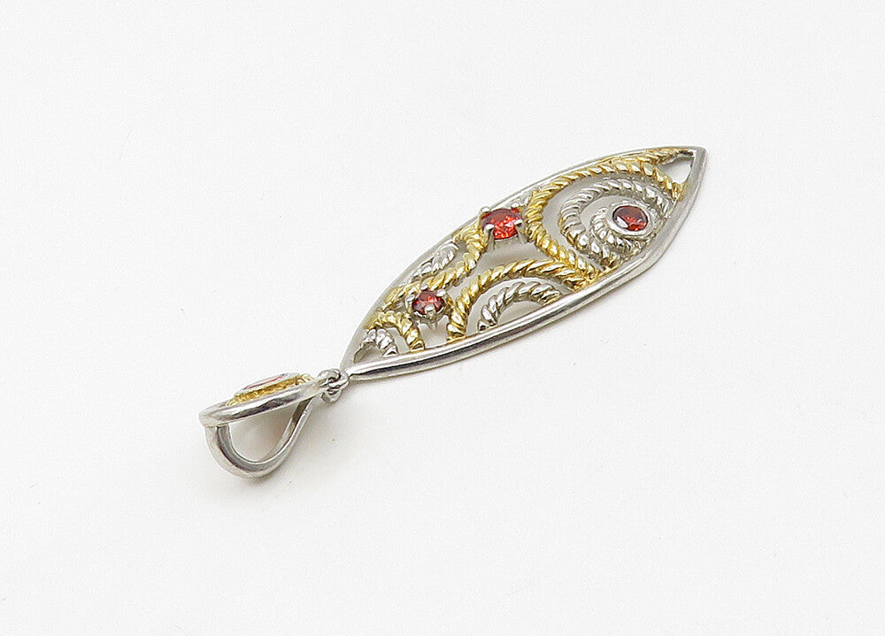 925 Sterling Silver  Vintage Red Topaz Shiny Two Tone Twist Pendant  PT17262