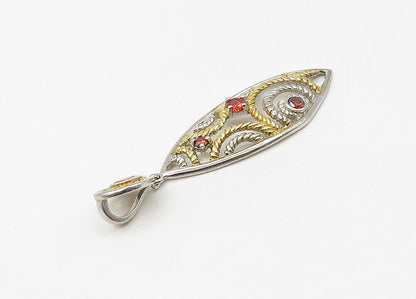 925 Sterling Silver  Vintage Red Topaz Shiny Two Tone Twist Pendant  PT17262