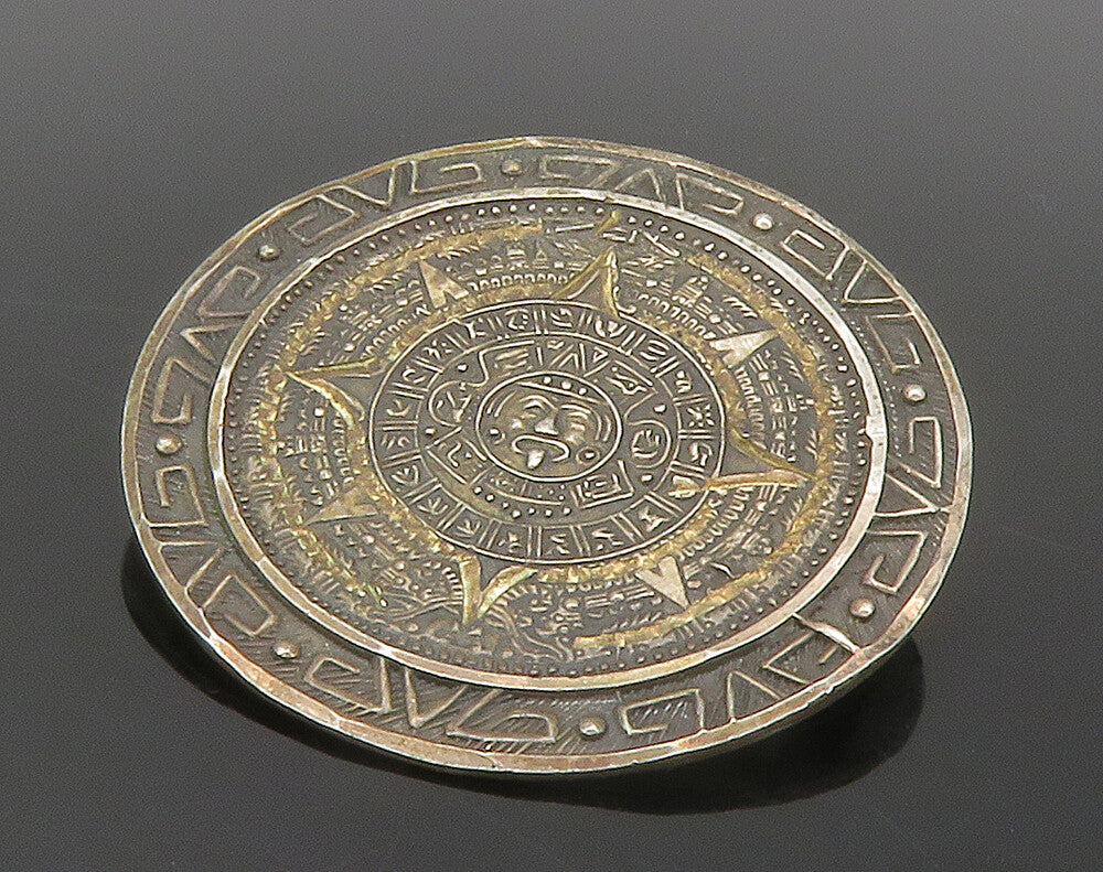 MEXICO 925 Sterling Silver  Vintage Mayan Aztec Sun Calendar Brooch Pin BP5849