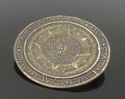 MEXICO 925 Sterling Silver  Vintage Mayan Aztec Sun Calendar Brooch Pin BP5849