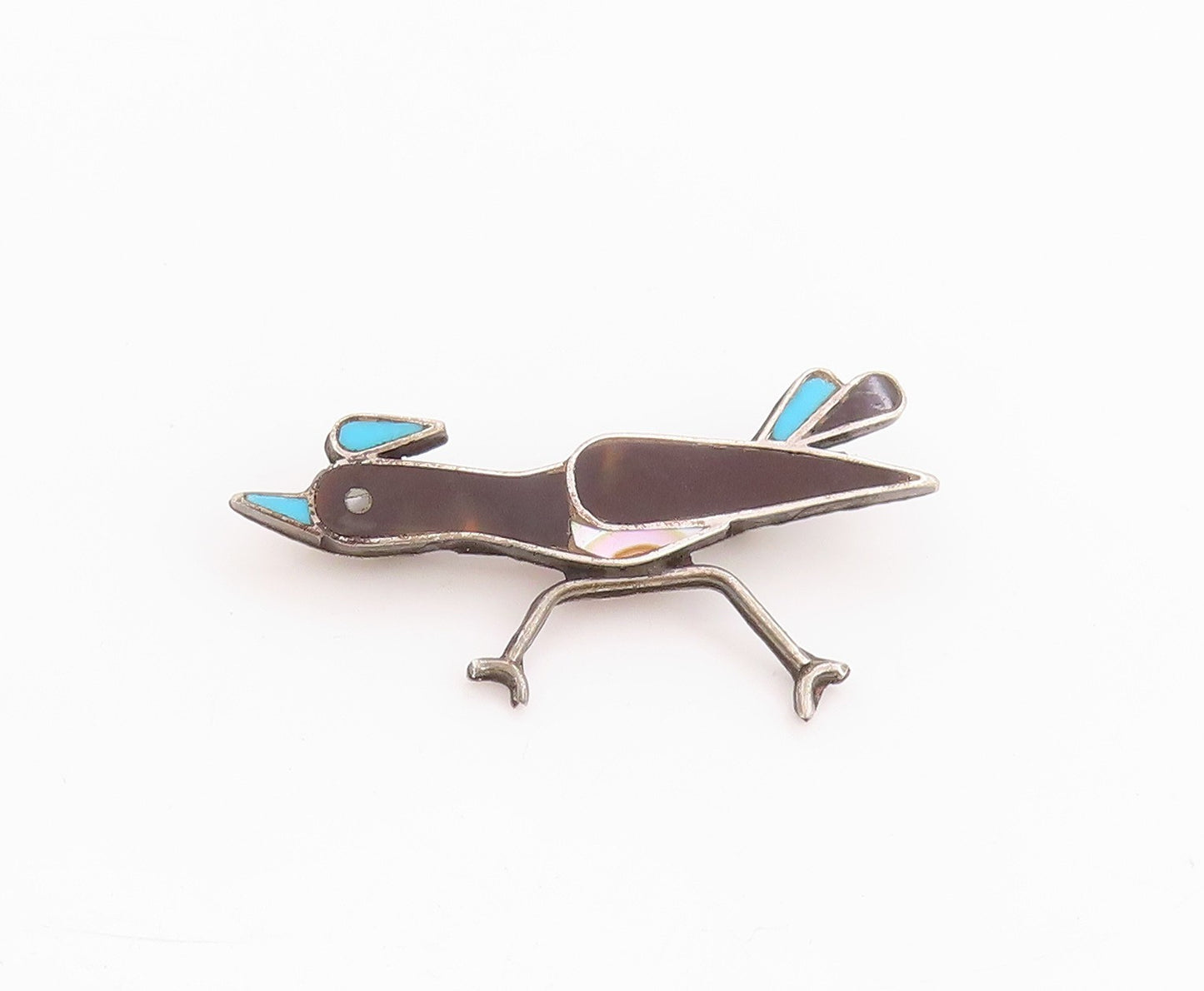 925 Sterling Silver Vintage Brooch NAVAJO ZUNI Onyx Larimar Running Bird BP11706