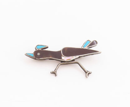 925 Sterling Silver Vintage Brooch NAVAJO ZUNI Onyx Larimar Running Bird BP11706